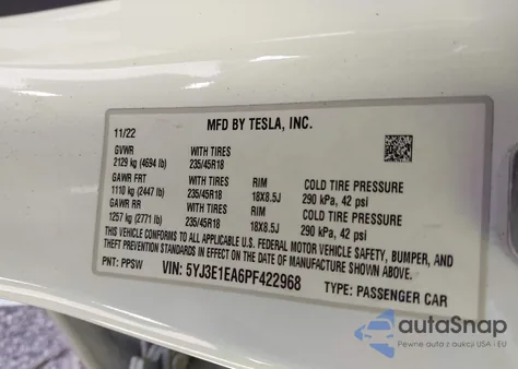 2023 Tesla Model 3 Rear-Wheel Drive z USA, uszkodzony, nr VIN 5YJ3E1EA6PF422968